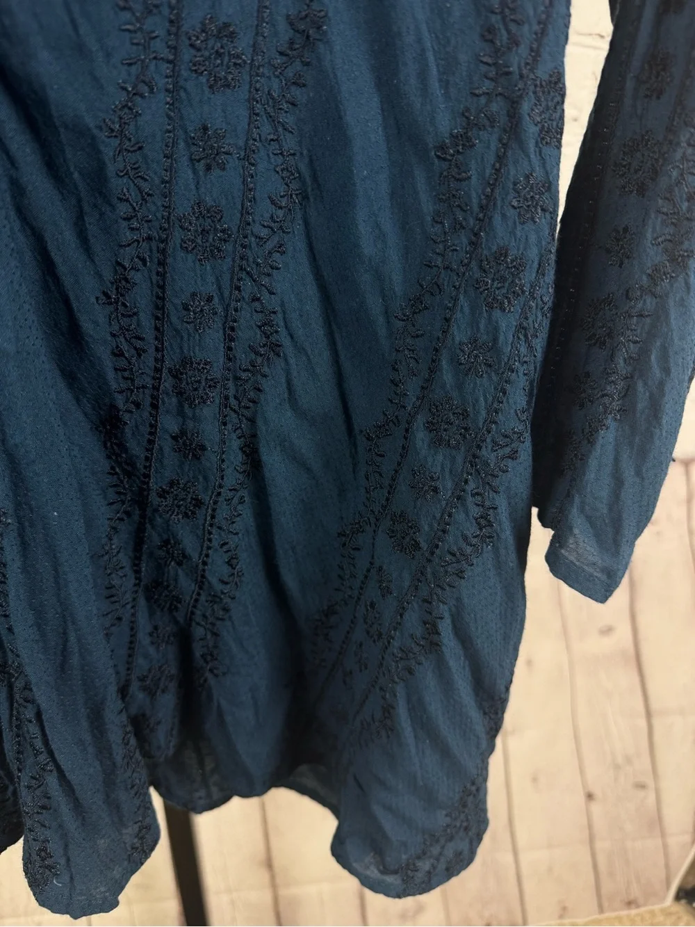 Free People Bohemian Teal Blue Tunic Top with Intricate Embroidery Size XS